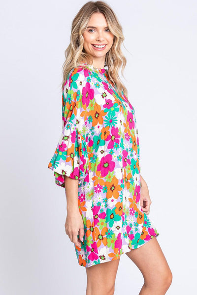 GeeGee Full Size Floral Round Neck Lantern Sleeve Mini Dress - AMIClubwear