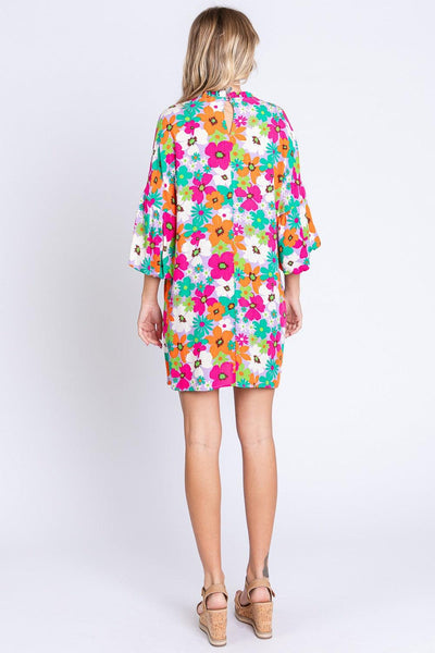 GeeGee Full Size Floral Round Neck Lantern Sleeve Mini Dress - AMIClubwear