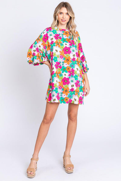 GeeGee Full Size Floral Round Neck Lantern Sleeve Mini Dress - AMIClubwear