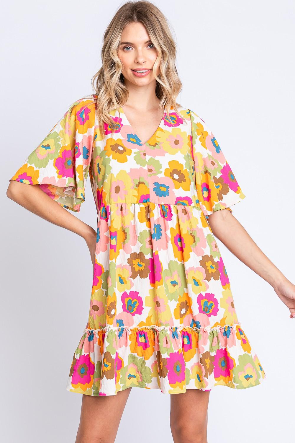 GeeGee Full Size Floral V-Neck Ruffle Trim Mini Dress - AMIClubwear