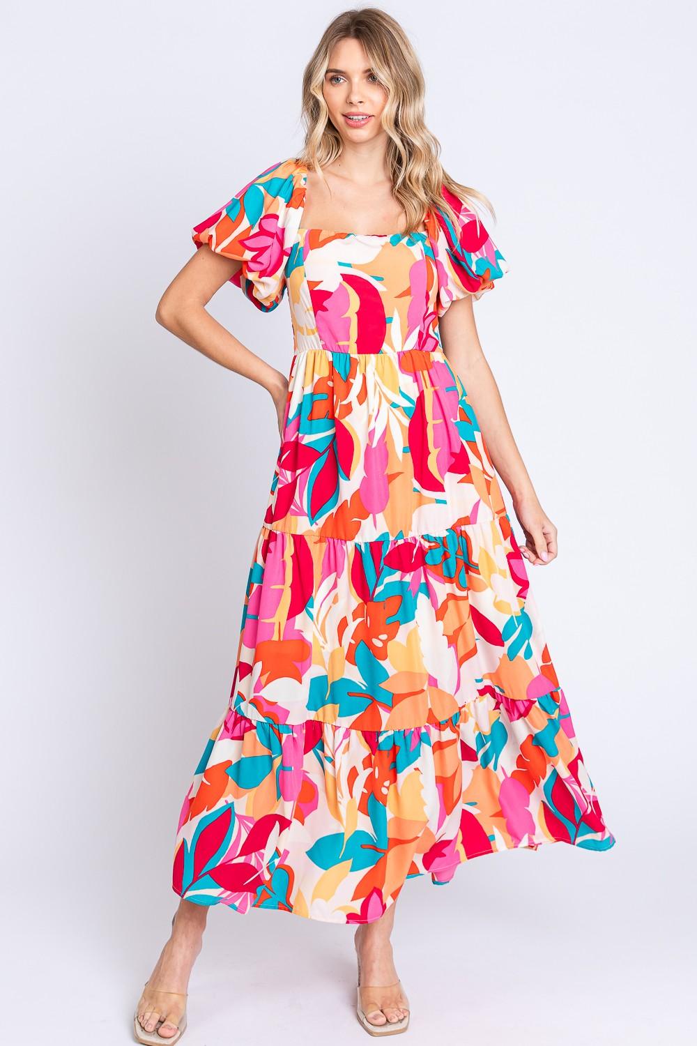 GeeGee Full Size Printed Smocked Back Tiered Maxi Dress - AMIClubwear