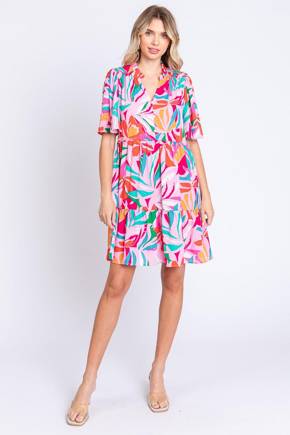 GeeGee Printed Short Sleeve Ruffle Hem Dress - AMIClubwear