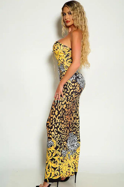 Gold Black Chain Lace Up Graphic Print Front Slit Maxi Dress - AMIClubwear