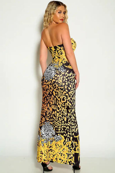 Gold Black Chain Lace Up Graphic Print Front Slit Maxi Dress - AMIClubwear