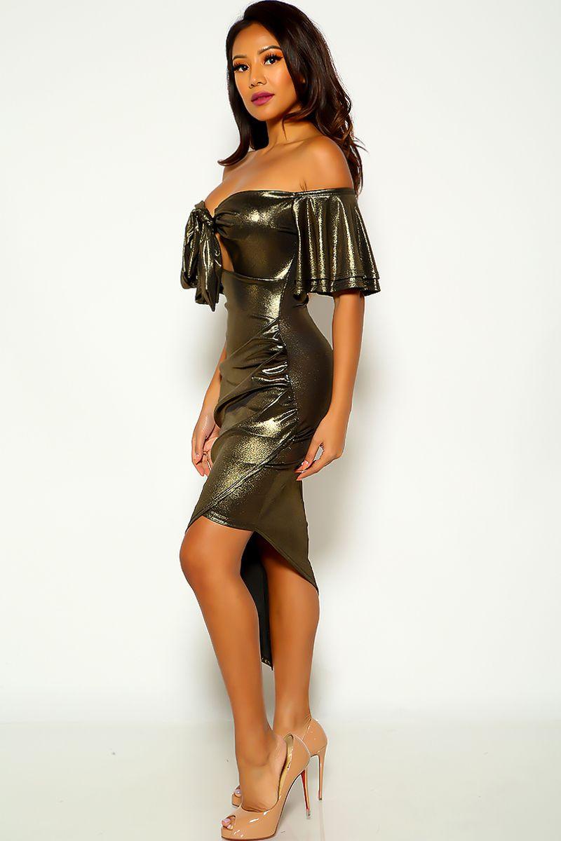Gold Black Ruffled Off The Shoulder Party Dress - AMIClubwear