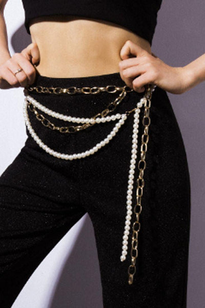 Gold Chain Faux Pearls Belt - AMIClubwear
