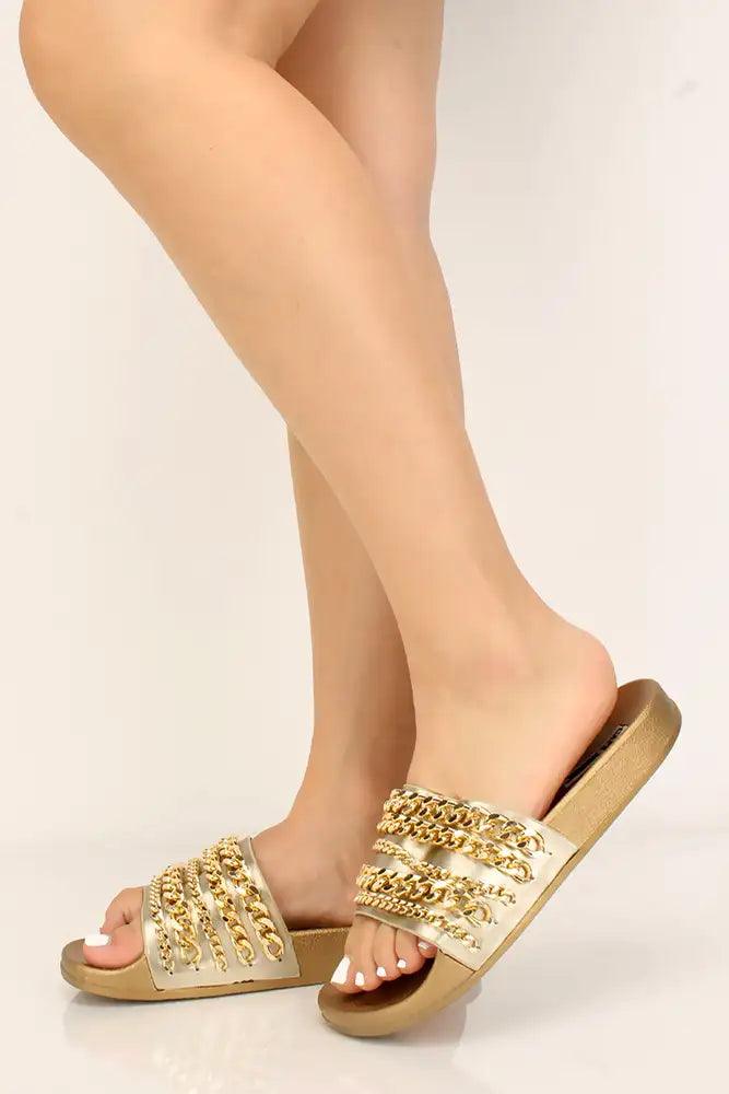 Gold Chained Slip On Sandals - AMIClubwear
