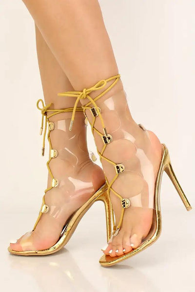 Gold Clear Strappy Lace Up High Heels - AMIClubwear