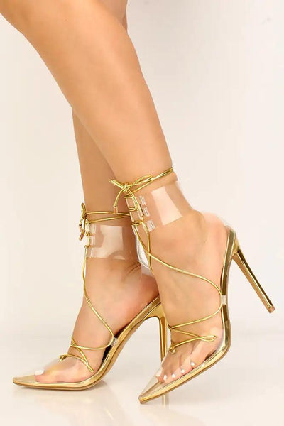 Gold Clear Strappy Lace Up High Heels - AMIClubwear