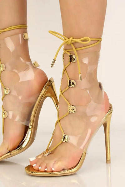 Gold Clear Strappy Lace Up High Heels - AMIClubwear