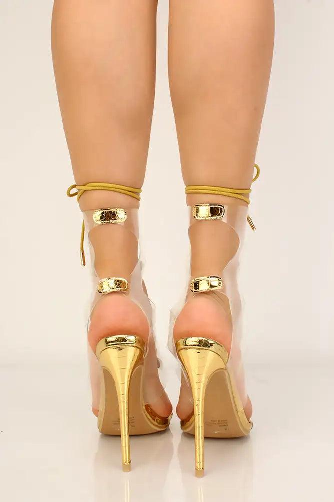 Gold Clear Strappy Lace Up High Heels - AMIClubwear