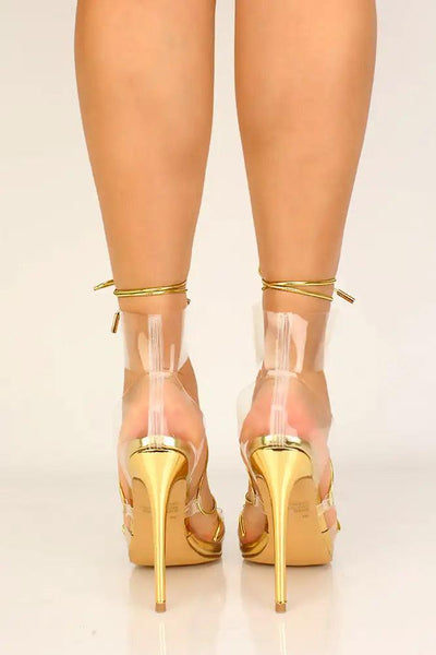 Gold Clear Strappy Lace Up High Heels - AMIClubwear