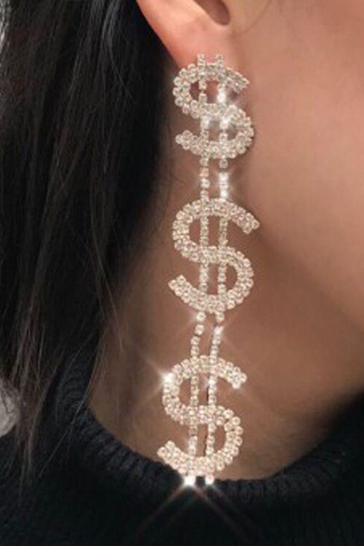 Gold Crystal Dollar Sign Dangle Statement Earrings Money Drop - AMIClubwear