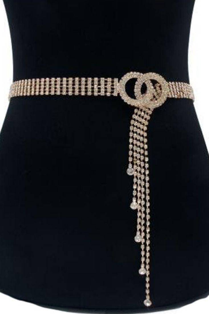 Gold Double O-Ring Accent Rhinestone Belt - AMIClubwear