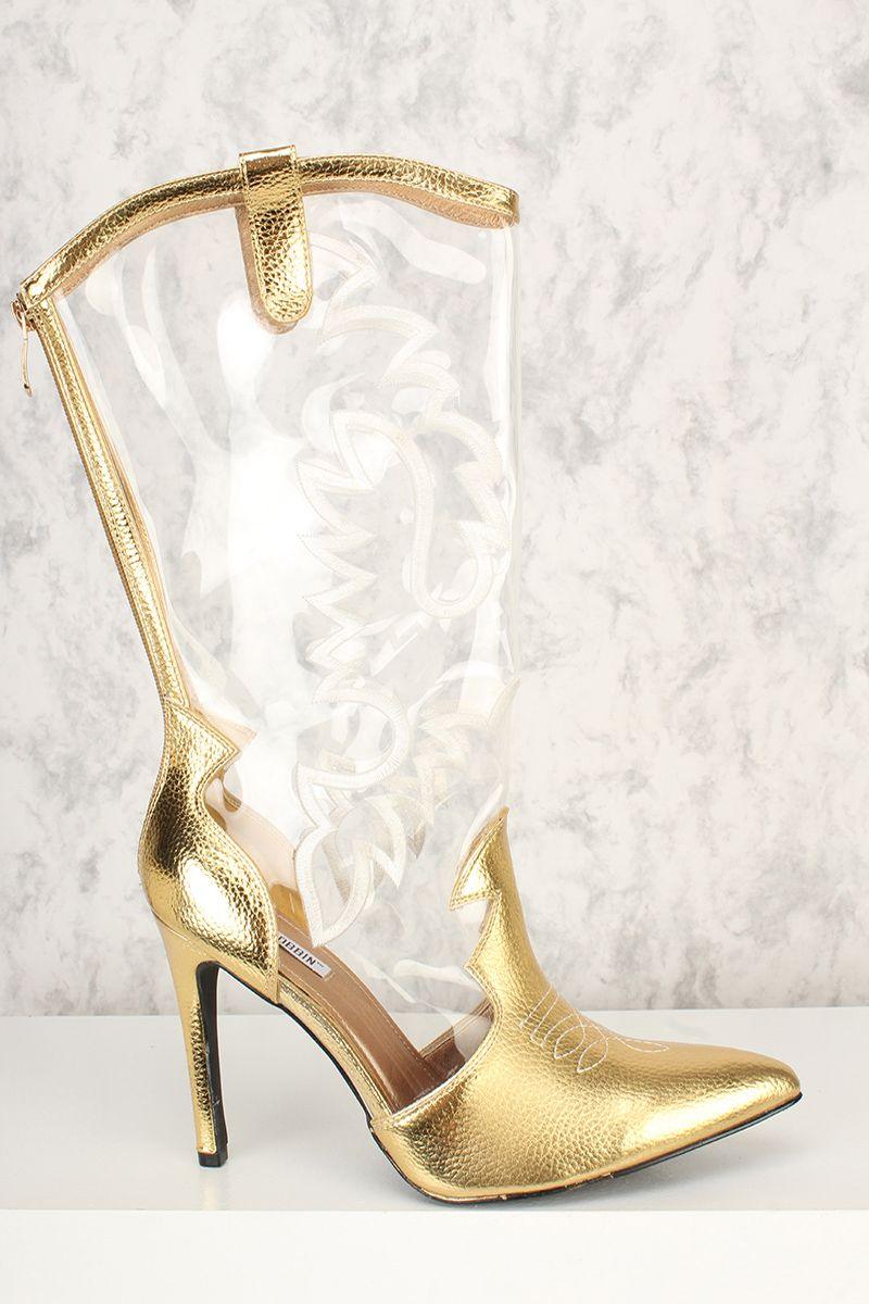 Gold Embroider Detail Pointy Toe High Heel Boots Patent Faux Leather - AMIClubwear