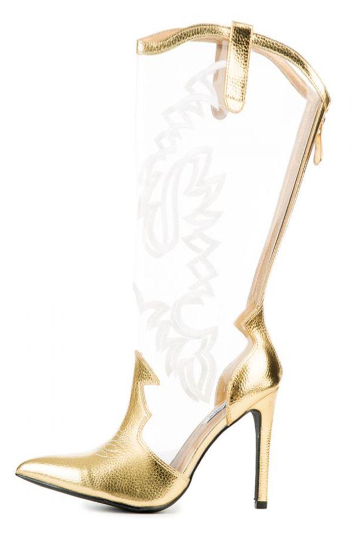 Gold Embroider Detail Pointy Toe High Heel Boots Patent Faux Leather - AMIClubwear