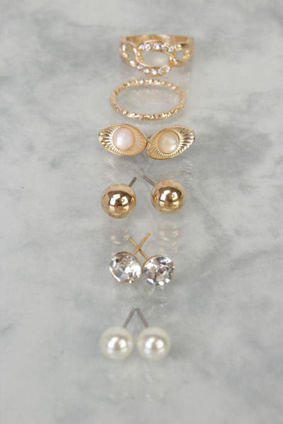 Gold High Polish Faux Pearl Gemstone Accent Earrings Rings Accessory Set - AMIClubwear