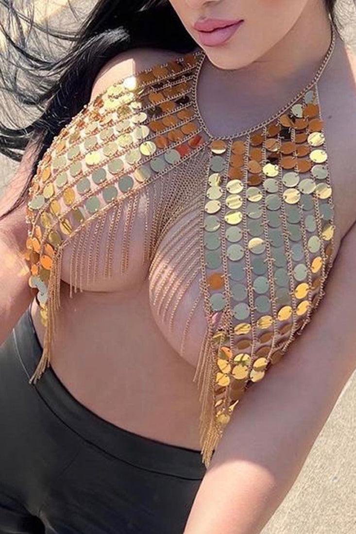 Gold Holographic Sequin Fringe Chain Top - AMIClubwear