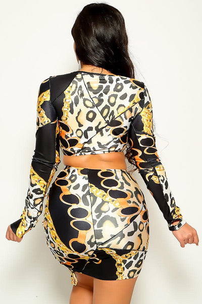 Gold Leopard Design Crop Top & Skirt 2 Pc Set - AMIClubwear