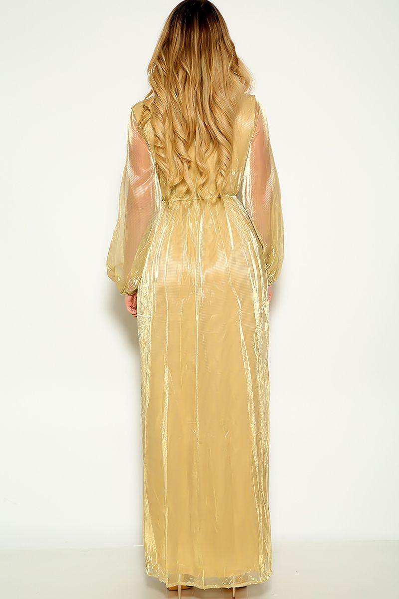 Gold Long Sleeve Mesh Maxi Dress - AMIClubwear