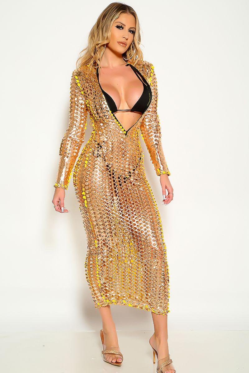 Gold Long Sleeve Textured Zip Up Middi Party Dress - AMIClubwear