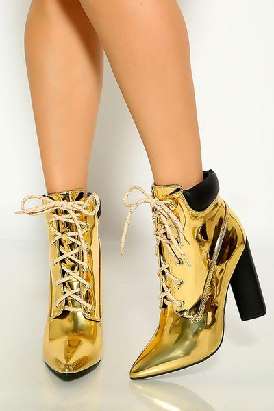 Gold Metallic Lace Up Pointy Toe Chunky High Heel - AMIClubwear