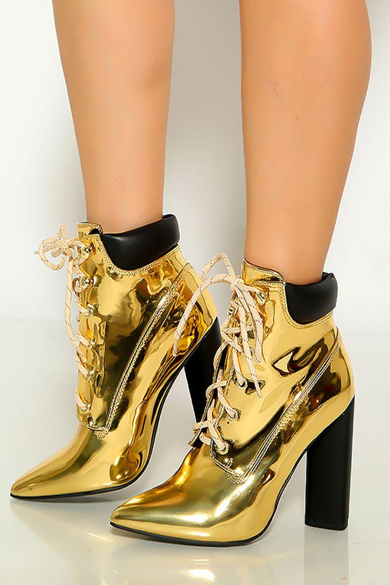 Gold Metallic Lace Up Pointy Toe Chunky High Heel - AMIClubwear