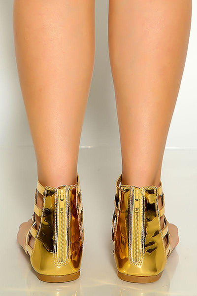 Gold Metallic Patent Cutout T-Strap Gladiator Sandal - AMIClubwear