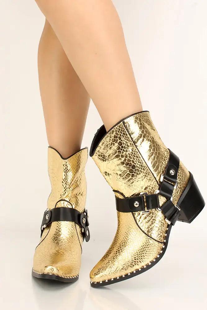 Gold Metallic Snake Print Chunky Heel Booties - AMIClubwear