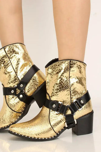 Gold Metallic Snake Print Chunky Heel Booties - AMIClubwear