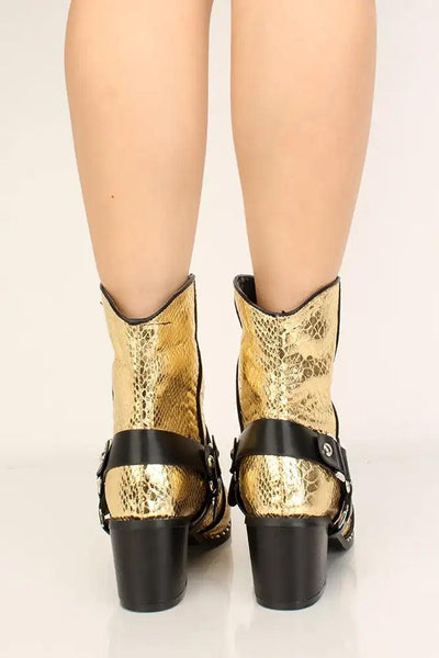 Gold Metallic Snake Print Chunky Heel Booties - AMIClubwear