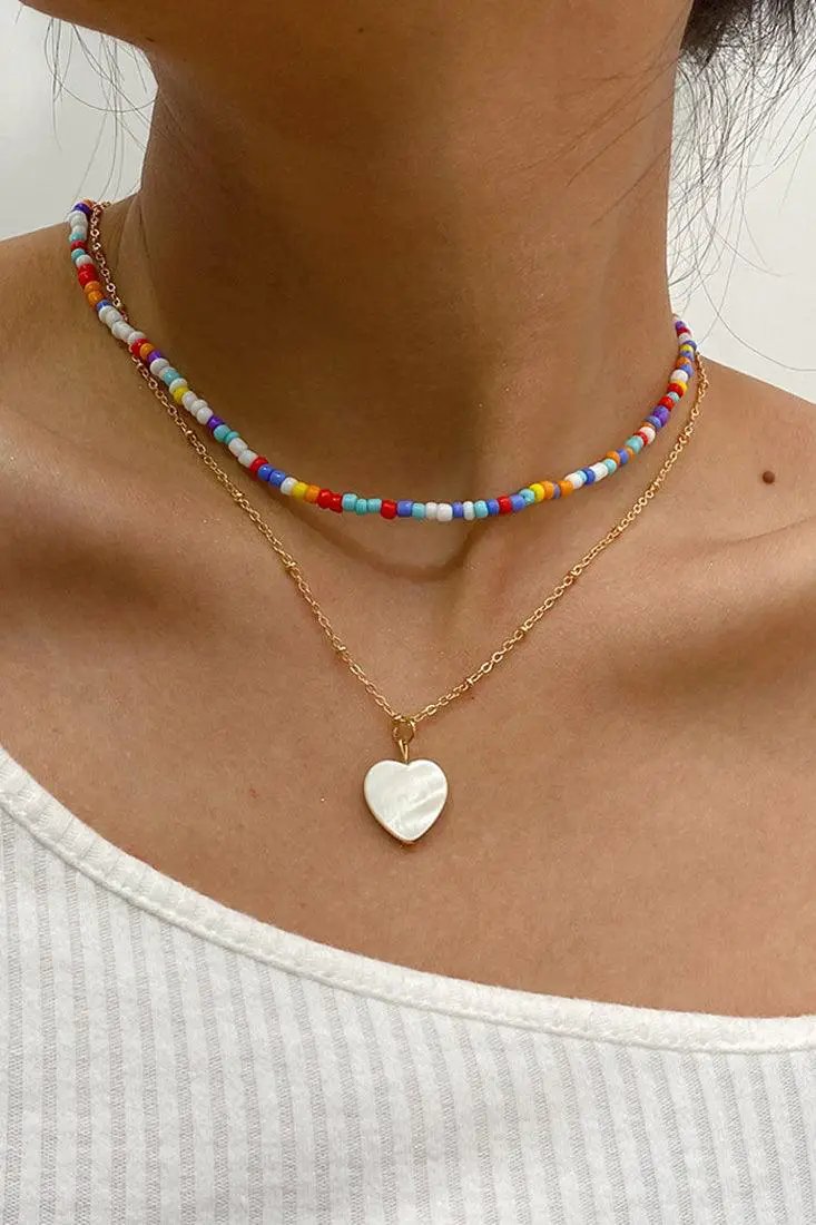 Gold Multi Heart Chain Beaded Necklace