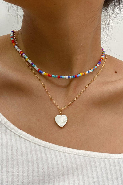 Gold Multi Heart Chain Beaded Necklace - AMIClubwear