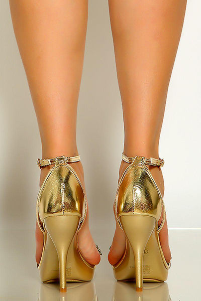 Gold Open Toe Ankle Strap Rhinestone Detail High Heels - AMIClubwear