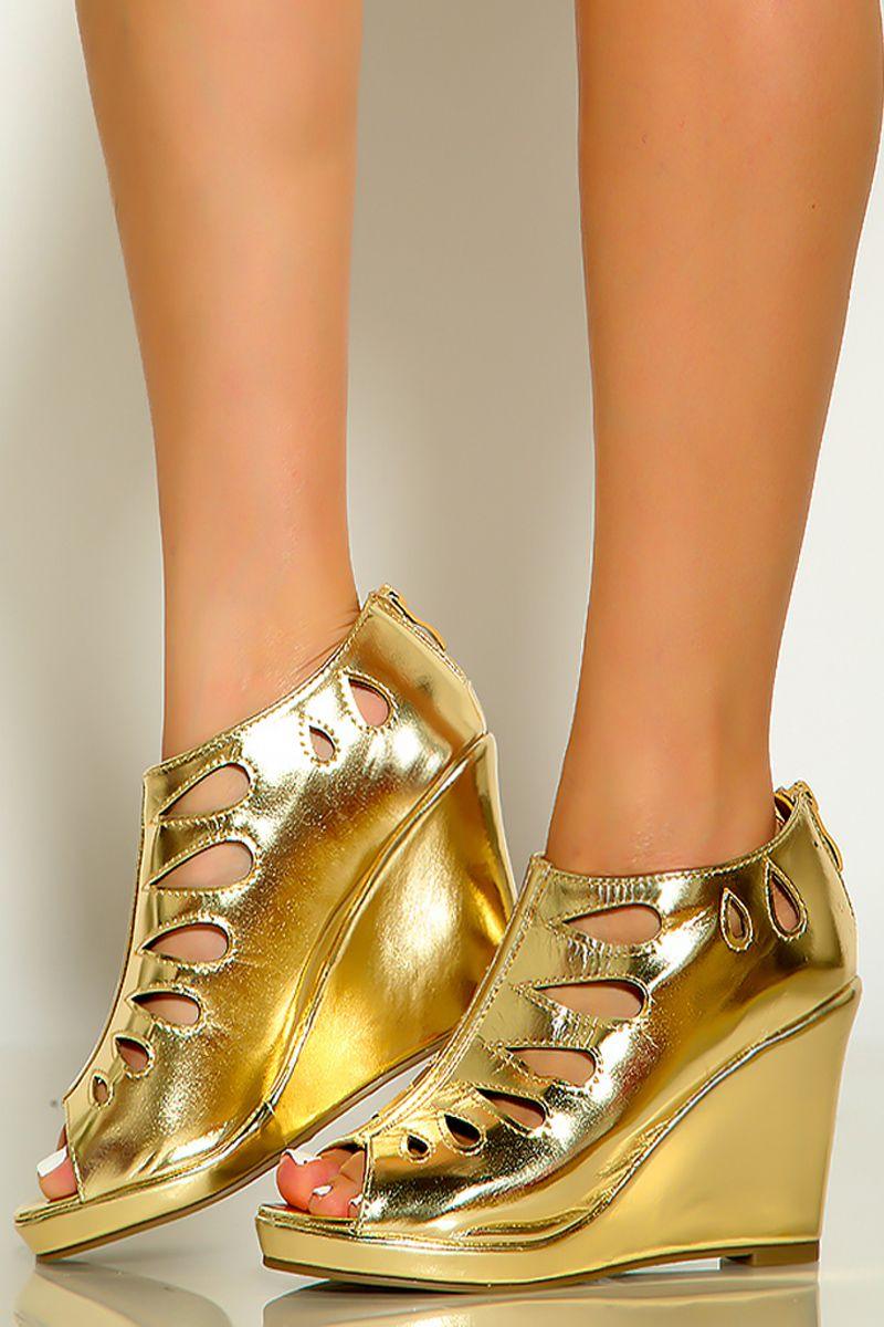 Gold Peep Toe Cut Out Patent Wedges - AMIClubwear