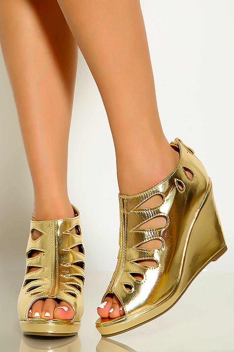 Gold Peep Toe Cut Out Patent Wedges - AMIClubwear