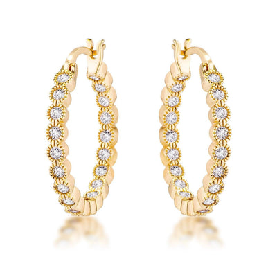 Gold Plated Dotted Clear CZ Round Bezel Hoop Earrings - AMIClubwear