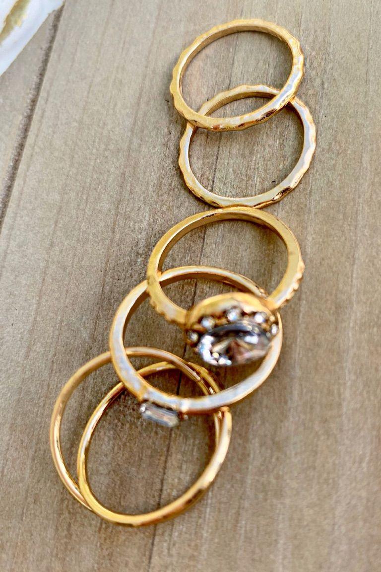 Gold Rhinestone 5 Piece Ring Set - AMIClubwear