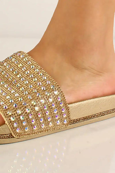 Gold Rhinestone Accent Slip On Sandals - AMIClubwear