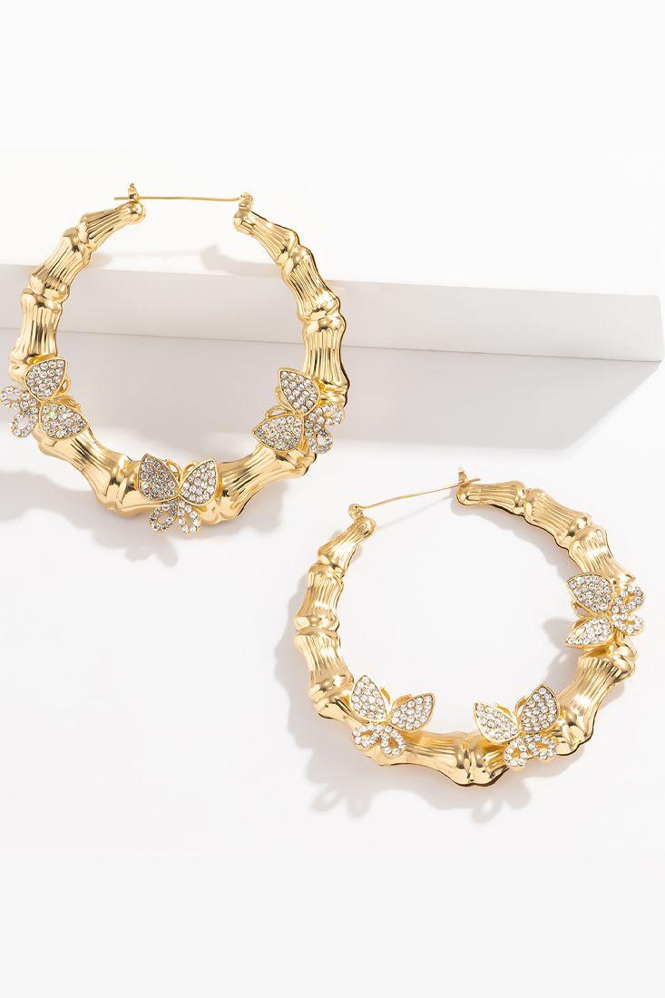 Gold Rhinestone Butterfly Charm Hoop Earrings - AMIClubwear