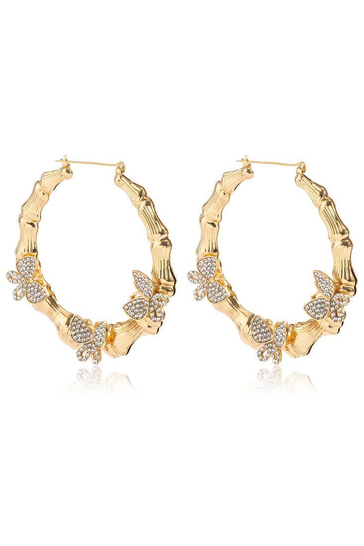 Gold Rhinestone Butterfly Charm Hoop Earrings - AMIClubwear