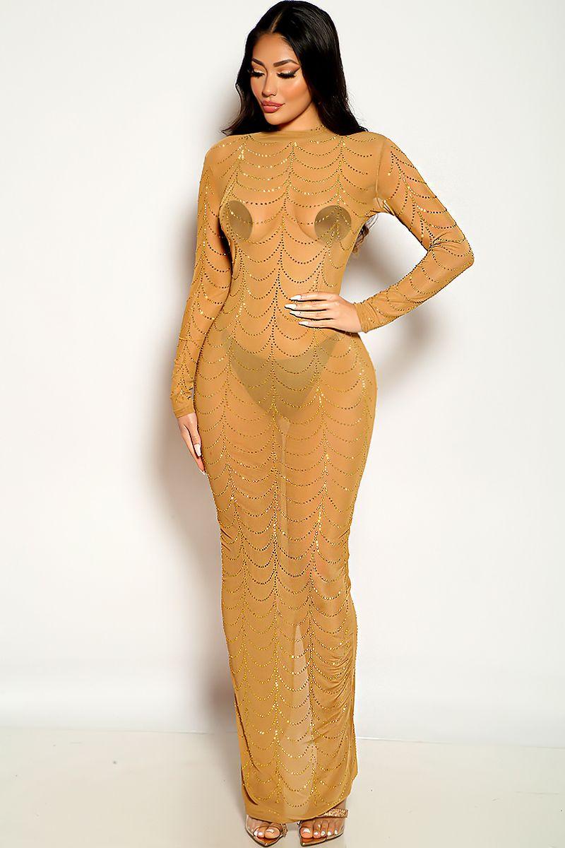 Gold Rhinestone Long sleeve Mesh Maxi Party Dress - AMIClubwear