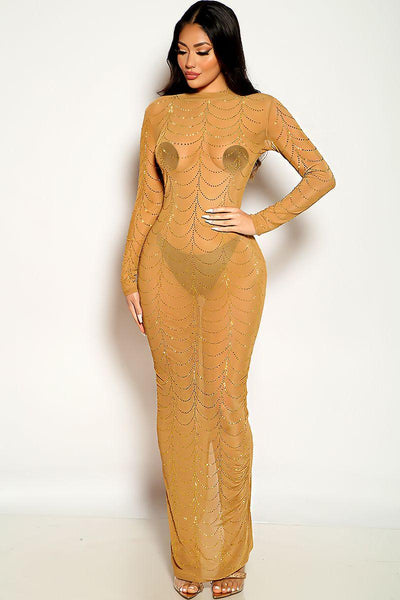 Gold Rhinestone Long sleeve Mesh Maxi Party Dress - AMIClubwear