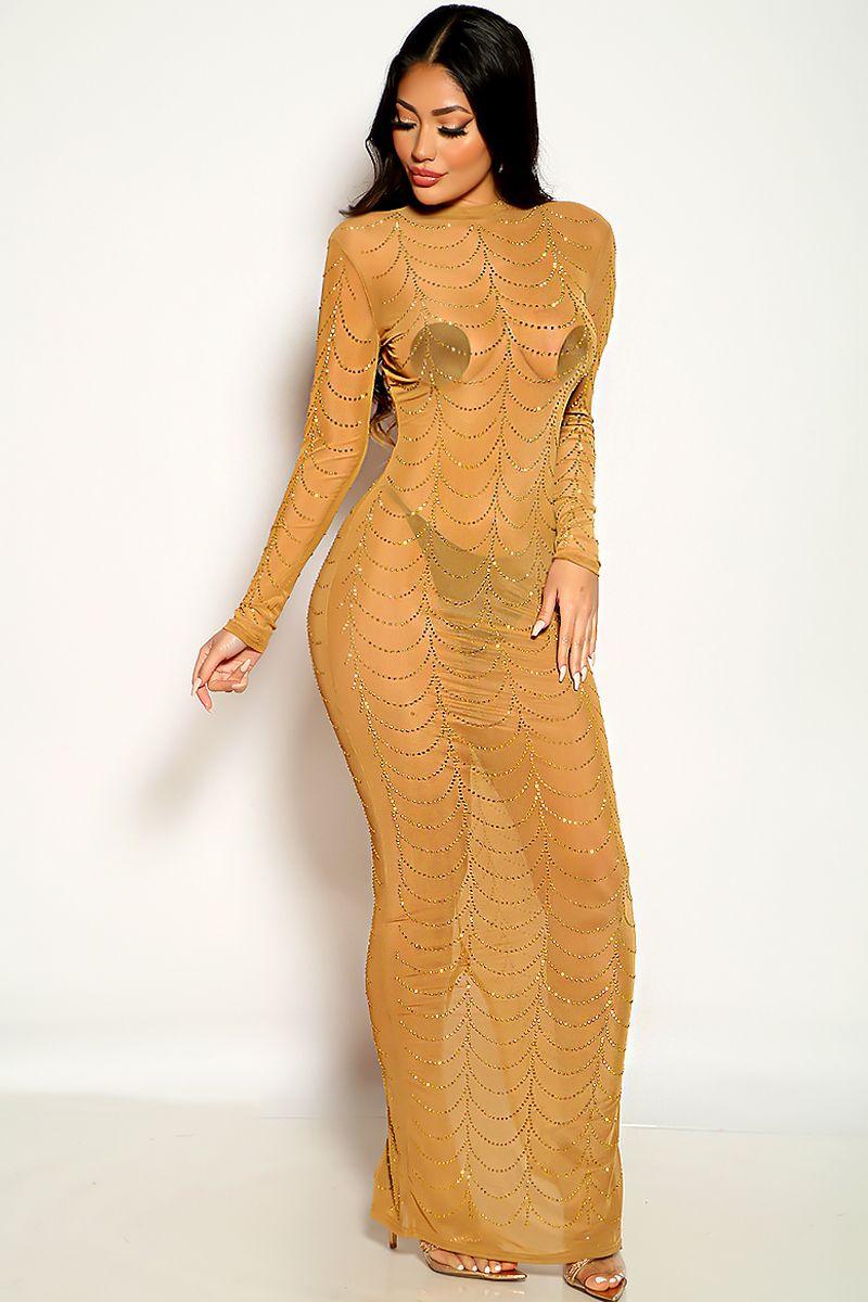 Gold Rhinestone Long sleeve Mesh Maxi Party Dress - AMIClubwear