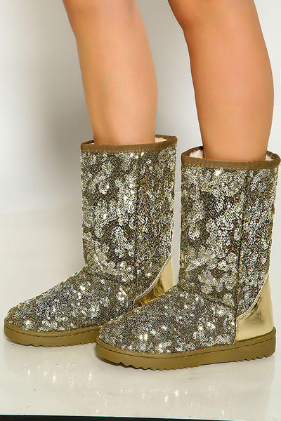 Gold Round Toe Sequins Warm Cozy Flat Boot - AMIClubwear