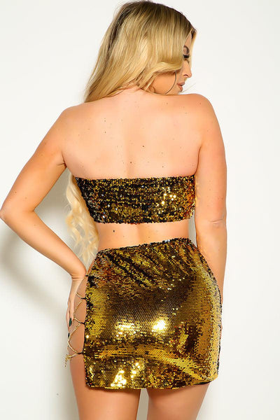 Gold Sequin Criss-Cross Chain Strapless Club 2 Pc Outfit - AMIClubwear