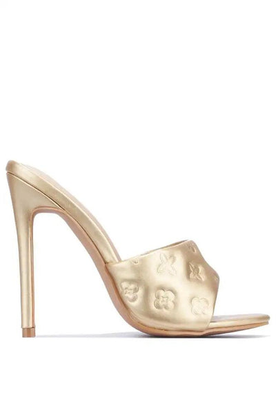 Gold Slip On Open Toe Embossed Detail Slip On Heels - AMIClubwear