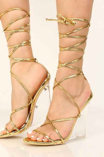 Gold Strappy Open Toe Wedges - AMIClubwear