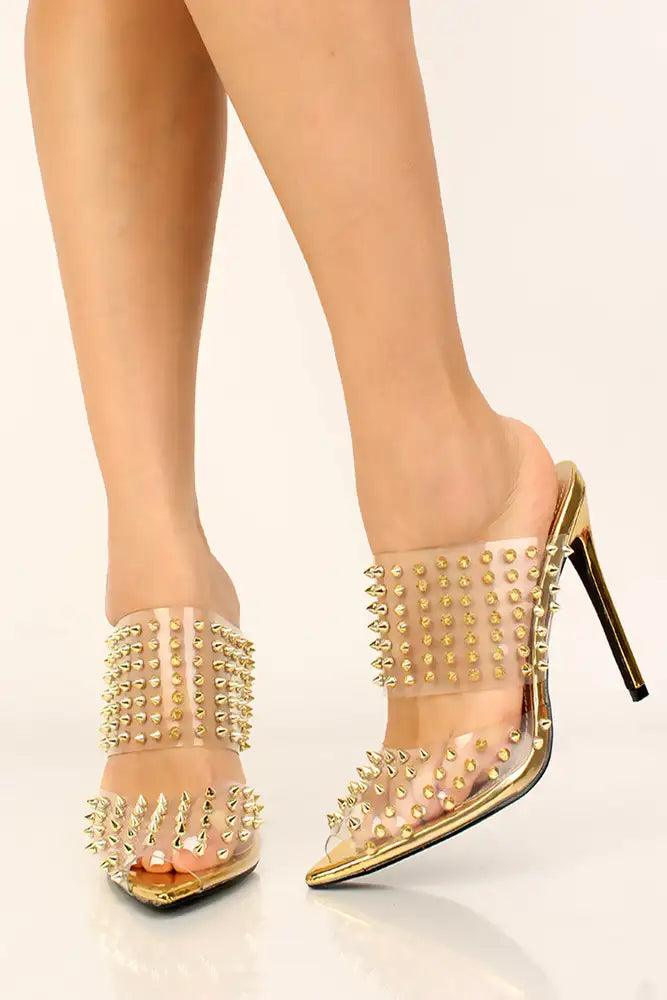 Gold Studded Accent Slip On High Heels - AMIClubwear