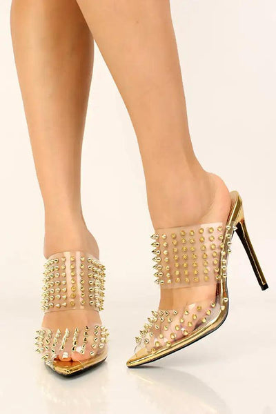 Gold Studded Accent Slip On High Heels - AMIClubwear